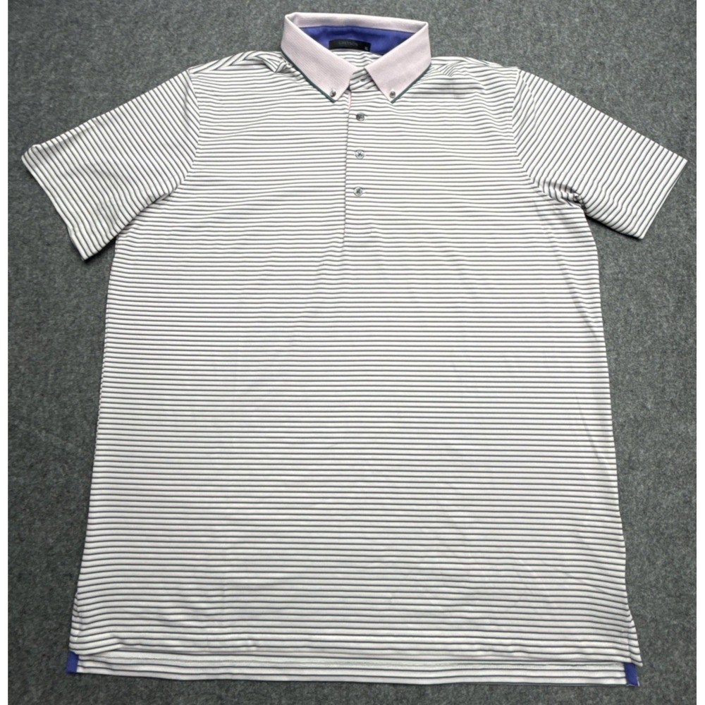 Greyson Performance Golf Polo Mens XL White Green Pink Striped Preppy Wicking